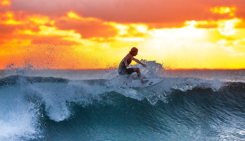 Surfer riding a wave during a stunning sunset, capturing the thrill of water sports